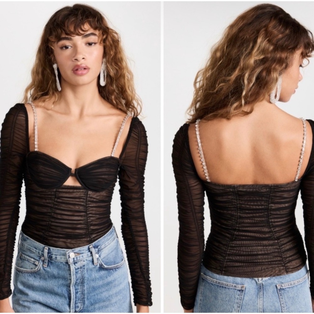 Self-Portrait Womens Black Ruched Whimsigoth Diamante Power Mesh Corset Top US 4